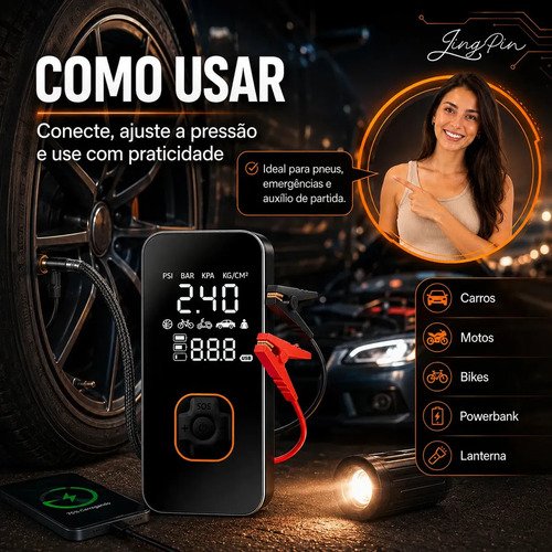 Compressor De Ar Leves Air Pump Auxiliar De Partida Veículos E Powerbank Compacto 18000 Rpm Para Pneus De Portátil