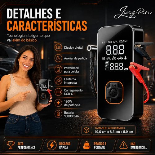 Compressor De Ar Leves Air Pump Auxiliar De Partida Veículos E Powerbank Compacto 18000 Rpm Para Pneus De Portátil