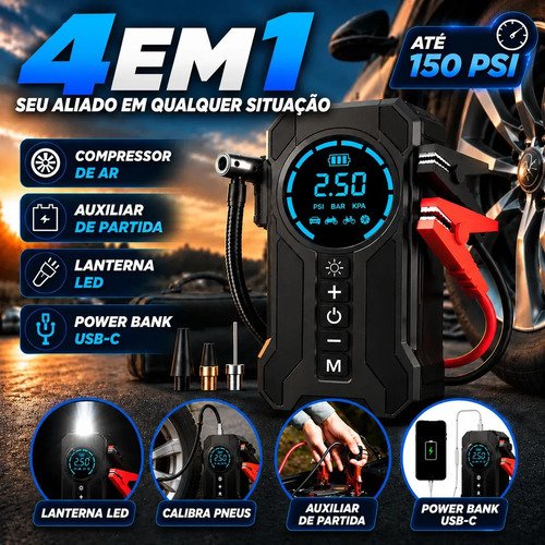 Compressor de ar portatil 150 psi auxiliar de partida 12v in