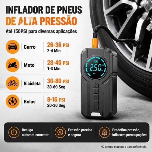 Compressor De Ar Portátil 150 PSI Auxiliar De Partida 12V Inflador De Pneus Digital Automotivo USB-C Emergência Carro Moto SUV
