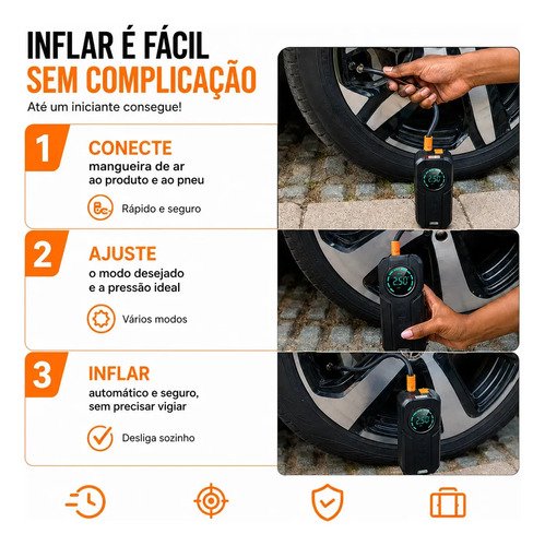Compressor De Ar Portátil 150 PSI Auxiliar De Partida 12V Inflador De Pneus Digital Automotivo USB-C Emergência Carro Moto SUV