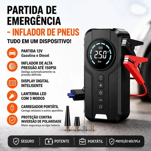 Compressor De Ar Portátil 150 PSI Auxiliar De Partida 12V Inflador De Pneus Digital Automotivo USB-C Emergência Carro Moto SUV