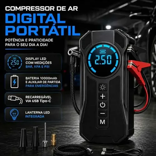 Compressor De Ar Portátil Auxiliar Partida Digital 4 Em 1