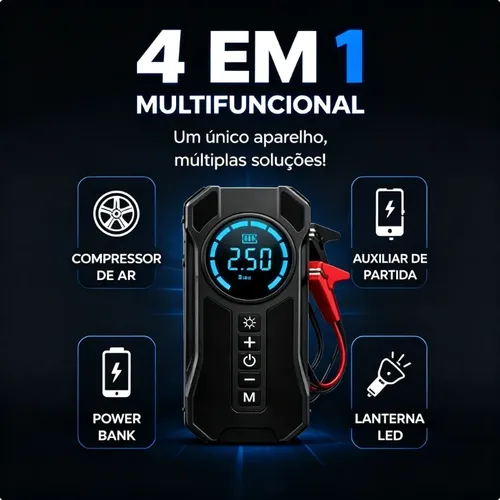 Compressor De Ar Portátil Auxiliar Partida Digital 4 Em 1