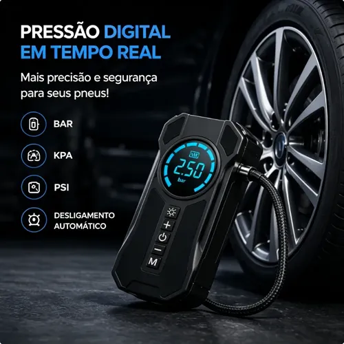 Compressor De Ar Portátil Auxiliar Partida Digital 4 Em 1