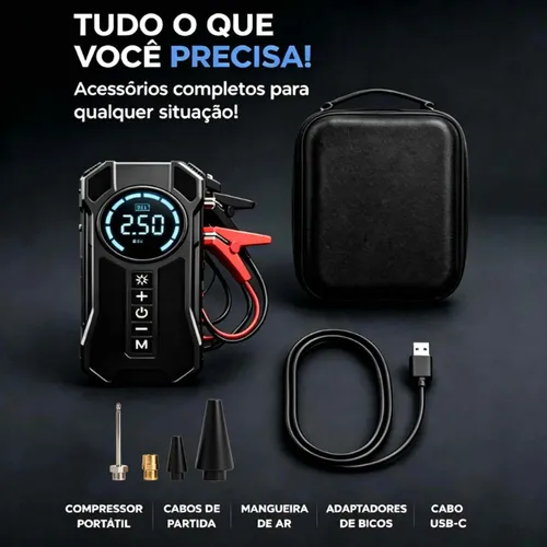 Compressor De Ar Portátil Auxiliar Partida Digital 4 Em 1
