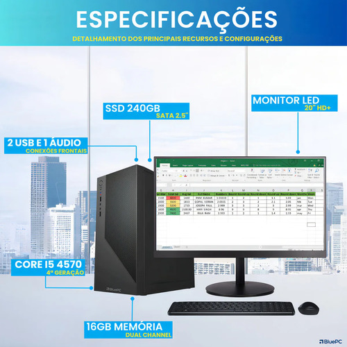Computador Completo BluePC Office Intel Core i5 4570 (4ª Geração), 16GB RAM, 240GB SSD, Monitor 20" 75hz HDMI, Windows 10 Pro - CDF-099OF
