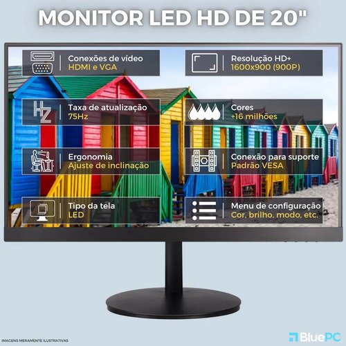 Computador Completo Fast Intel Core i5, 8GB RAM, SSD 256GB, Windows 10 Pro, Bivolt, Preto, Monitor 20" LED, Mouse e Teclado - BluePC CD2E-0110FA