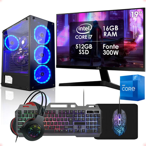 Computador gamer intel core i7 16gb ssd 512gb monitor 19 kit