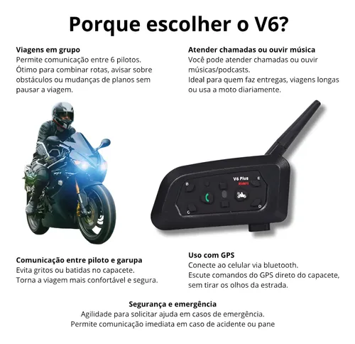 Comunicador Capacete V6 Plus 2 Unidades / Par Bluetooth 5.0