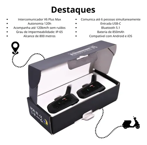 Comunicador Capacete V6 Plus 2 Unidades / Par Bluetooth 5.0