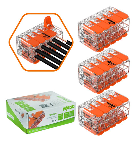 Conector wago 221 420 emenda automatica de fios kit 3 pecas