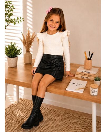 Conjunto 2 pecas infantil menina short saia blusa manga long