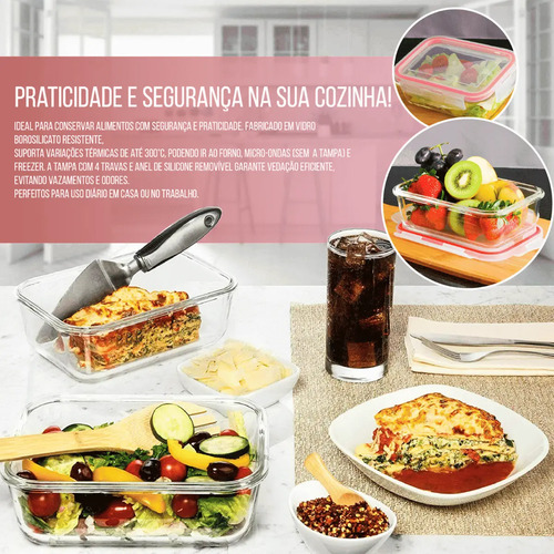Conjunto 5 Potes Vidro Hermético 640ml Mantimentos Marmita Forno Microondas