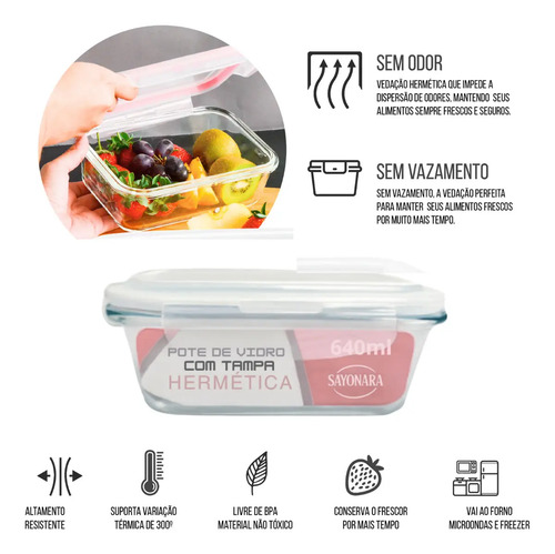 Conjunto 5 Potes Vidro Hermético 640ml Mantimentos Marmita Forno Microondas