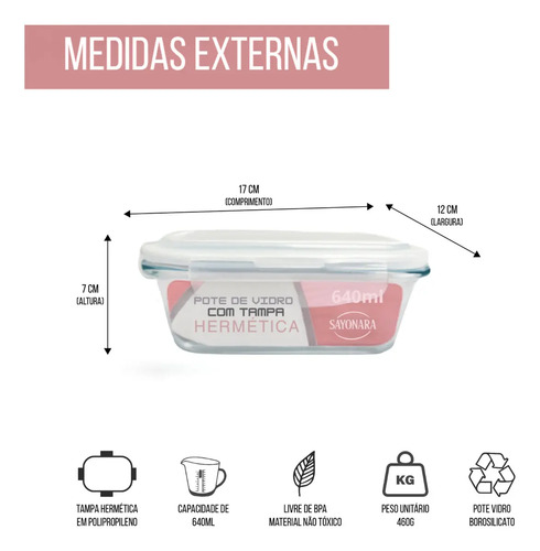 Conjunto 5 Potes Vidro Hermético 640ml Mantimentos Marmita Forno Microondas