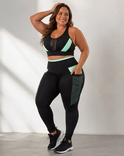 Conjunto academia plus size top e calca com bolso treino kit