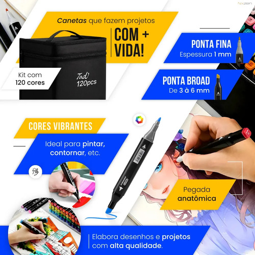 Conjunto Canetas Marcador Permanente Canetinhas Touch Coloridas Ponta Dupla 120 Cores Marca Texto Estojo Kit Bolsa Pintura Desenho Profissional Nixzen