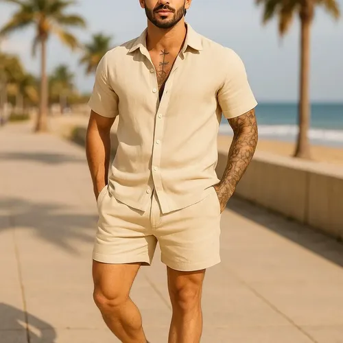 Conjunto casual linho masculino camisa botao bermuda cordao