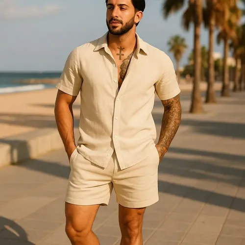 Conjunto Casual Linho Masculino Camisa Botão Bermuda Cordão