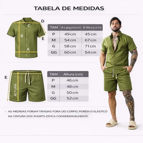 Conjunto Casual Linho Masculino Camisa Botão Bermuda Cordão