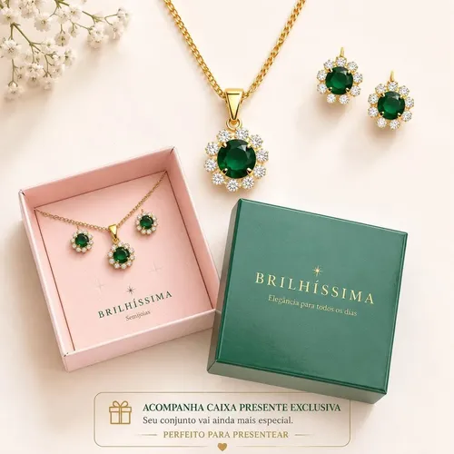 Conjunto Colar Brinco Zirconia Folheado A Ouro Presente