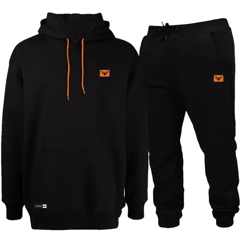 Conjunto de frio moletom com capuz canguru flanelado preto