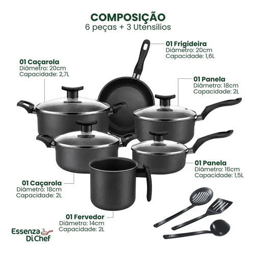 Conjunto De Panelas 9 Peças Antiaderente Com Tampa De Vidro E Utensílios Fogão A Gás Preto