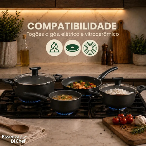 Conjunto De Panelas 9 Peças Antiaderente Com Tampa De Vidro E Utensílios Fogão A Gás Preto