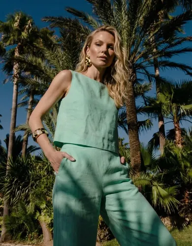 Conjunto Feminino Linho Calça Pantalona E Blusa Regata