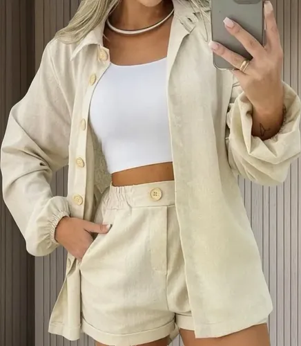 Conjunto linho feminino camisa e short linha premium