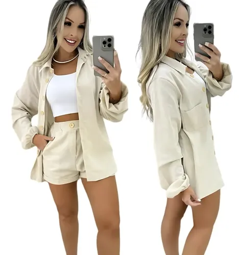 Conjunto Linho Feminino Camisa E Short Linha Premium
