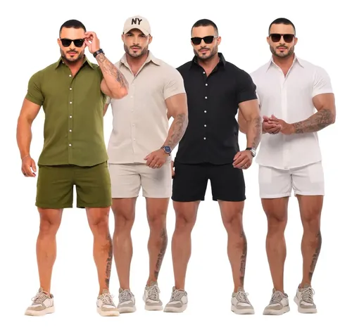 Conjunto masculino linho camisa shorts mauricinho com bolso 1