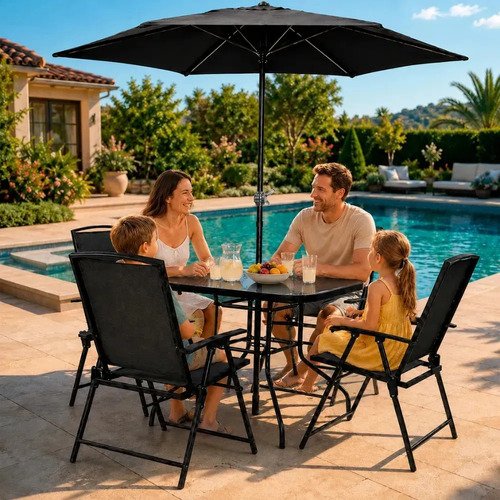 Conjunto Mesa 4 Cadeira Guarda Sol Jardim Casa Lys