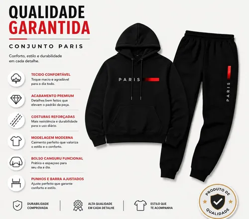 Conjunto Moletom Unissex Paris Canguru Com Capuz Calça