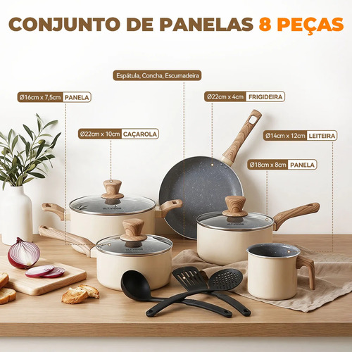 Conjunto Panelas Cerâmica Antiaderente Indução Gas 8 Peças