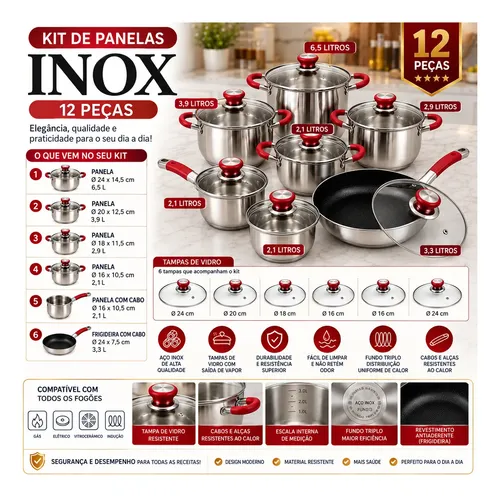 Conjunto Panelas Francesas Genebra 12 Peças Inox E Vidro