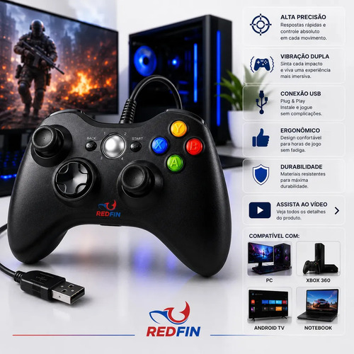 Controle para xbox 360 com fio usb e pc preto vibracao conso