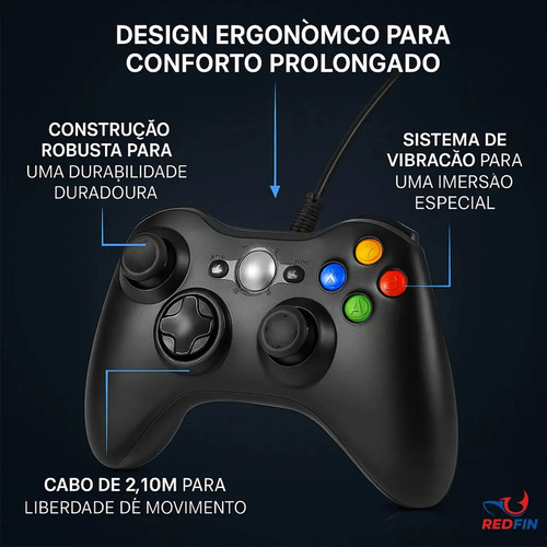 Controle Para Xbox 360 Com Fio USB e PC Preto Vibração Console Joystick Manete Gamer Gamepass Steam Windows Tv Pc Android Pc Controle Pc Gamer - Redfin