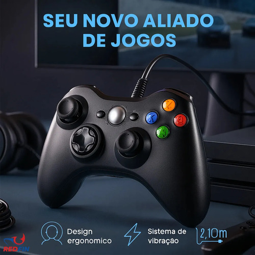 Controle Para Xbox 360 Com Fio USB e PC Preto Vibração Console Joystick Manete Gamer Gamepass Steam Windows Tv Pc Android Pc Controle Pc Gamer - Redfin