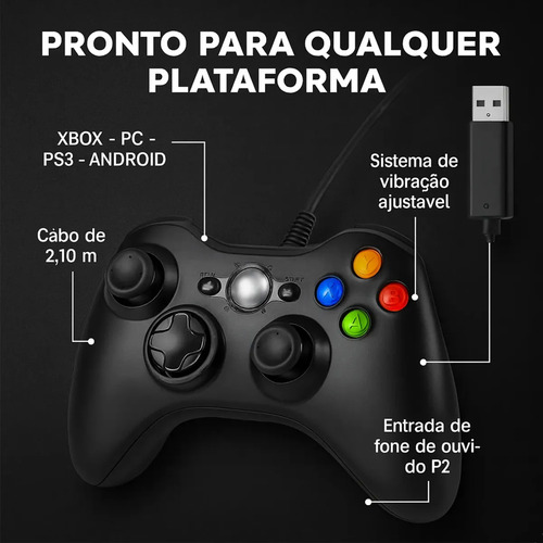 Controle Para Xbox 360 Com Fio USB e PC Preto Vibração Console Joystick Manete Gamer Gamepass Steam Windows Tv Pc Android Pc Controle Pc Gamer - Redfin