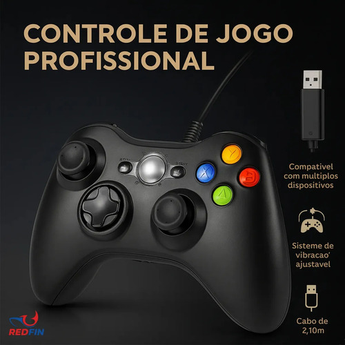 Controle Para Xbox 360 Com Fio USB e PC Preto Vibração Console Joystick Manete Gamer Gamepass Steam Windows Tv Pc Android Pc Controle Pc Gamer - Redfin