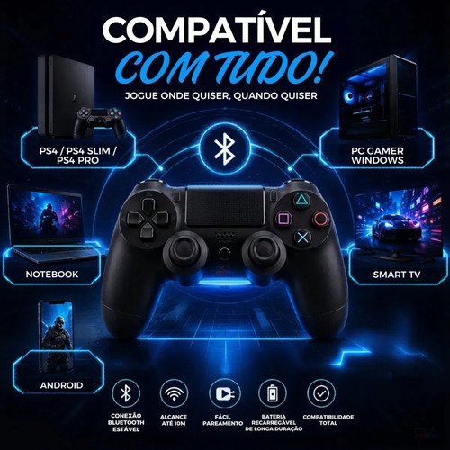 Controle Sem Fio Joystick Bluetooth Para Ps4 Videogame Tv Samsung Pc P4 Ps 4 Dual Shock Manete Pc Gamer Tv Smart Controle Bluetooth Celular Headset Sem Fio Com P2 - Marca Redfin