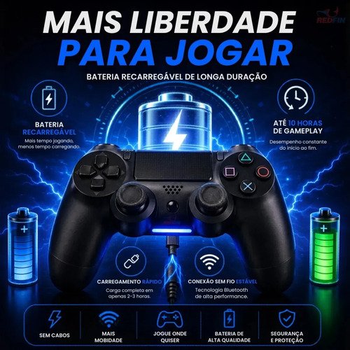 Controle Sem Fio Joystick Bluetooth Para Ps4 Videogame Tv Samsung Pc P4 Ps 4 Dual Shock Manete Pc Gamer Tv Smart Controle Bluetooth Celular Headset Sem Fio Com P2 - Marca Redfin