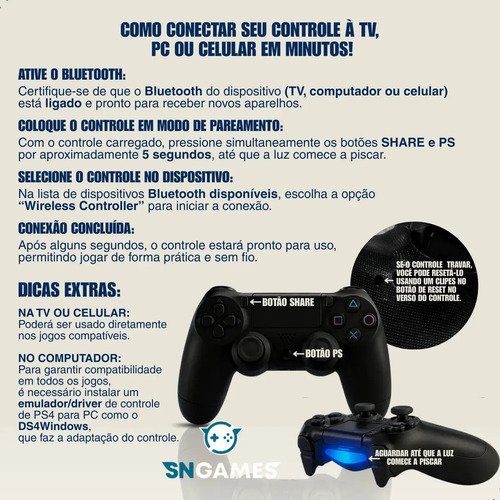 Controle Sem Fio Manete Bluetooth Joystick Para PS4 Tv Smart Samsung Pc Vídeo Game Celular com P2