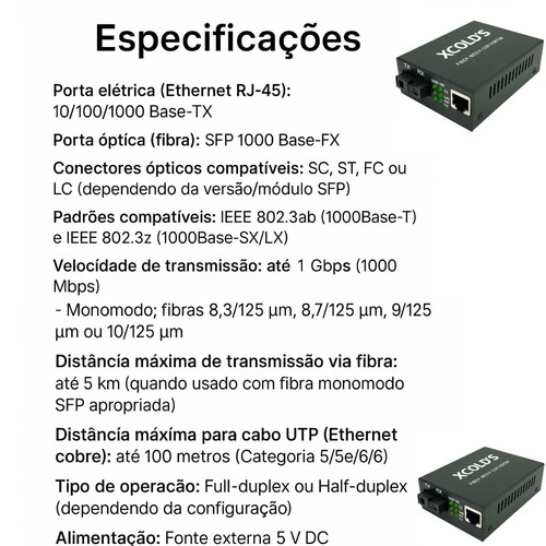 Conversor Rj45 Mídia Fibra Óptica Rede Gigabit 10/100/1000mb Par A+b Extensor Compatível Com Starlink Ethernet Cftv Xcolds