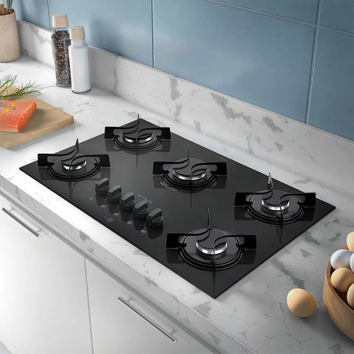 Cooktop 5 Bocas Atlas Agile Up Preto Com Mesa de Vidro e Mega Chama
