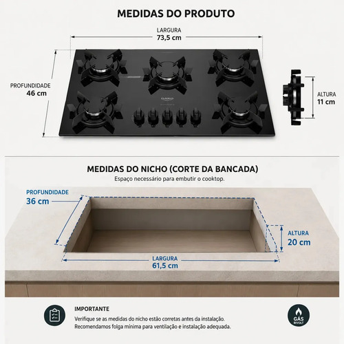 Cooktop 5 Bocas Dako Pratiko com Mesa de Vidro A Gás e Acendimento Super Automático Preto Bivolt