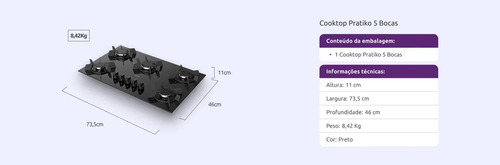 Cooktop 5 Bocas Dako Pratiko com Mesa de Vidro A Gás e Acendimento Super Automático Preto Bivolt