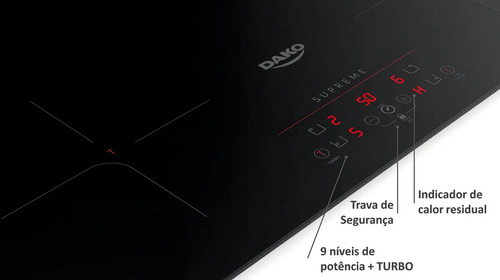 Cooktop de Indução 4 Bocas Dako Supreme Preto com Trava de Segurança 220V